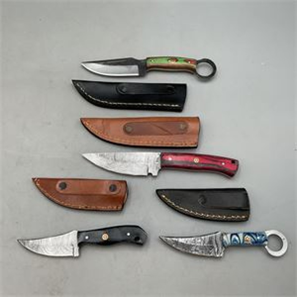 5 Shareez & Sons Damascus Steel Fixed-Blade Knives with Leather Sheaths NEW